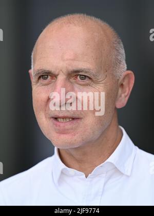 30 June 2022, Hessen, Frankfurt/Main: Bernd Neuendorf, President of the German Football Association (DFB), attends the opening of the DFB Campus with Academy and Head Office. Photo: Arne Dedert/dpa Stock Photo