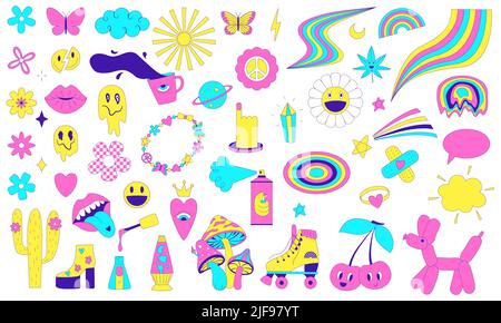 A set of y2k stickers with funky trendy surreal elements, rainbow, smiley face, psychedelic mushrooms. A set of comic acid stickers from 2000s. Weird Stock Vector