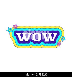 y2k sticker with the word WOW with color outline and stars. Text graphic element in bright acid colors. Nostalgia for the 2000s. Simple vector illustr Stock Vector