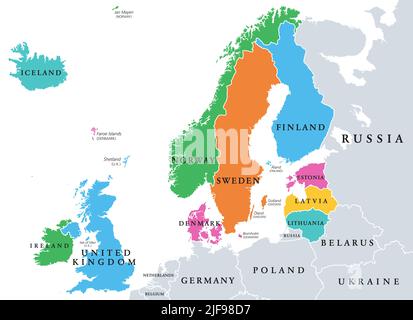 Northern Europe, subregion and geoscheme, political map. The islands offshore from mainland Northern Europe and countries of main European continent. Stock Photo