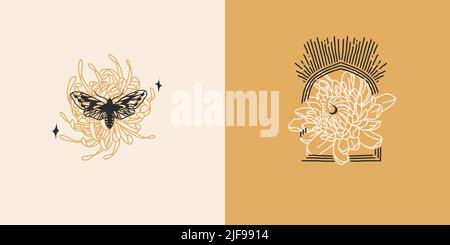 Hand drawn vector abstract stock flat graphic illustration set with logo element,bohemian astrology magic minimalistic emblem of mystic butterfly and Stock Vector