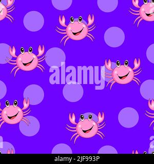 Seamless pattern with cute pink crab on purple polka dots background.  Stock Vector