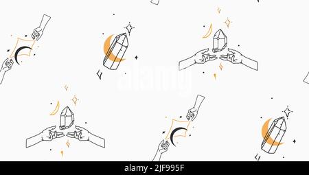 Hand drawn vector abstract stock flat graphic illustration seamless pattern with bohemian magic line art of crystal stone,human hands and star in Stock Vector