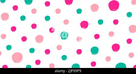 Abstract colorful polka dot background template in doodle style. Turquoise, bright and pale pink dots on horizontal panoramic white background. Random Stock Vector