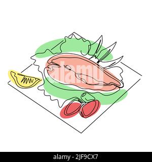 Dish salmon with salad lemon and tomatoes line art vector. Cooked food seafood and isolated one line illustration. Red trout fish steak with garnish Stock Vector