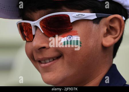 Birmingham, UK. 01st July, 2022. A young India fan with his country's flag painted on his face in Birmingham, United Kingdom on 7/1/2022. (Photo by Mark Cosgrove/News Images/Sipa USA) Credit: Sipa USA/Alamy Live News Stock Photo