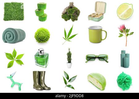 Collage of different green items on white background Stock Photo