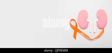 Orange ribbon and paper kidneys on light background with space for text. Cancer awareness concept Stock Photo