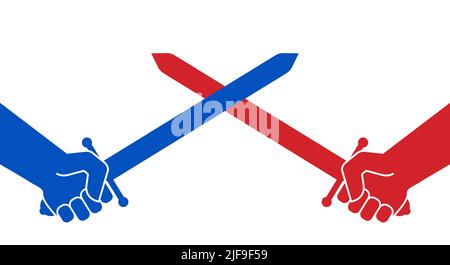 Sword fight. War. Crossed swords in the hands of opponents. The fight between good and evil. Flat vector illustration isolated on white background. Stock Vector