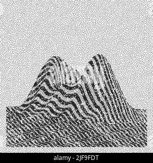 Landscape background. Terrain. Black and white grainy dotwork design. Pointillism pattern with optical illusion. Stippled vector illustration. Stock Vector