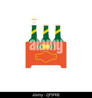 Case of beer. Green bottles and brown-orange box. One of the bottles has a beer cap flying out. Flat vector illustration isolated on white background. Stock Vector