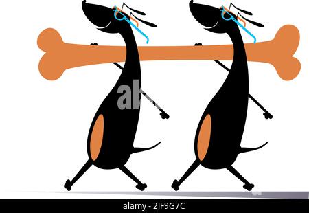 Two dogs carry a big bone concept illustration. Two smiling dachshunds carry a big bone isolated on white illustration Stock Vector