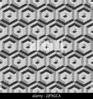 Honeycomb background. 3D mosaic. Black and white grainy dotwork design. Pointillism pattern. Stippled vector illustration. Stock Vector