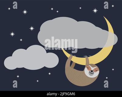 cute sloth hanging on crescent moon sleeping, vector illustration Stock Vector