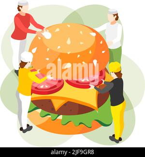 Burger house isometric composition with group of small human characters holding ingredients of fast food burger vector illustration Stock Vector