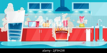 Broken household appliances kitchen interior composition with broken refrigerator oven fire and leaking tap vector illustration Stock Vector