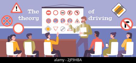 Driving school poster with theory study symbols flat vector illustration Stock Vector