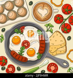 Coloring breakfast fried eggs toast composition with frying pan and scrambled sausages with tomatoes on table vector illustration Stock Vector