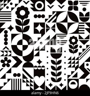 Bauhaus style cool geometric vector seamless pattern in black and white with flowers, abstract modern design perfect for wallpaper or textile, fabric Stock Vector