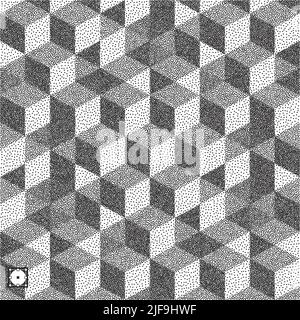 3d blocks structure background. Black and white grainy dotwork design. Pointillism pattern. Stippled vector illustration. Stock Vector