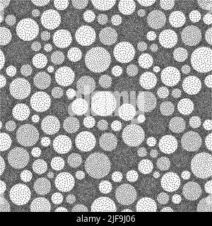 Abstract background with circles. Black and white grainy dotwork design. Pointillism pattern. Stippled vector illustration. Stock Vector