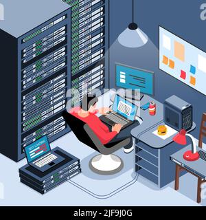 Male sysadmin working on laptop in his office 3d isometric vector illustration Stock Vector