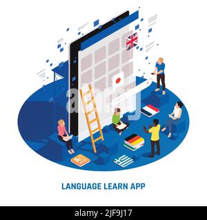 Foreign language learning online courses isometric circular composition with german english french japanese classes apps vector illustration Stock Vector