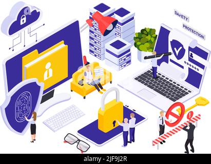 Smartphone and computer cyber security isometric icons with protection symbols and cloud technology elements  vector illustration Stock Vector
