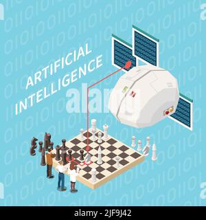 Artificial intelligence isometric composition with tech brain image playing chess with group of scientists with text vector illustration Stock Vector