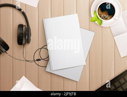 Books mockup composition with realistic images of copybooks headphones and coffee on top of wooden table vector illustration Stock Vector