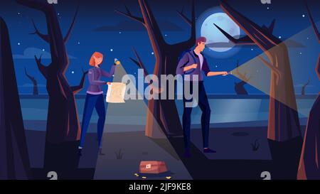 Man and woman with map and torches doing treasure hunt in forest at night flat vector illustration Stock Vector