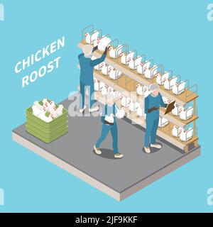 Chicken roost in poultry farm blue background with staff inspecting and seating laying hens isometric vector illustration Stock Vector