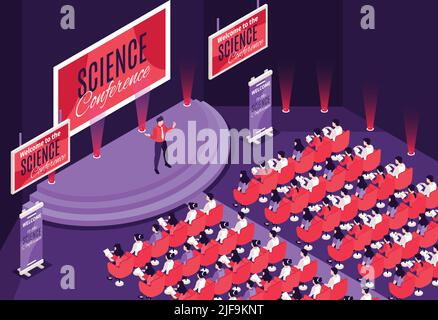 Speaker performing on stage at science conference in front of audience 3d isometric vector illustration Stock Vector