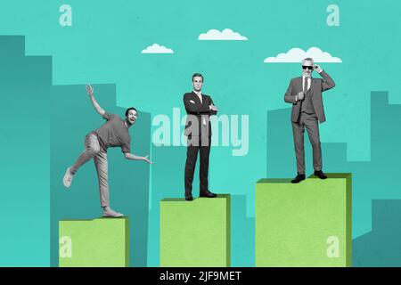 Composite collage picture of three people black white gamma standing different success heights Stock Photo