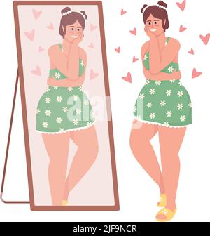 Happy curvy woman looking in mirror semi flat color vector character Stock Vector