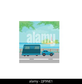 car trip at the coast, illustration Stock Vector