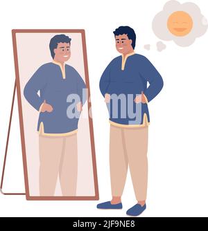 Plump man in Indian clothes near mirror semi flat color vector character Stock Vector