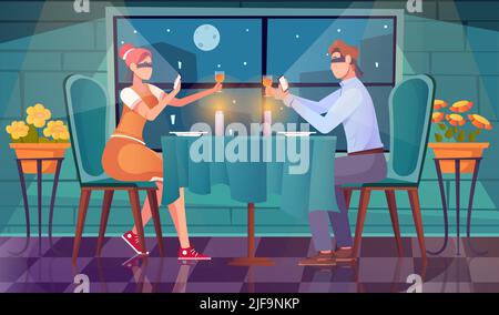 Premium Vector  Blind date flat composition with blindfolded couple having  date at restaurant table with drinks and smartphones illustration