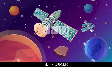 Space satellite flat composition with outer space scenery stars and planets with meteorites and artificial satellite vector illustration Stock Vector
