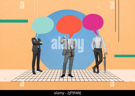 Exclusive minimal magazine sketch collage of three men empty space instead of heads isolated picture background Stock Photo