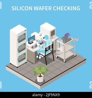 Semiconductor chip production isometric composition with character of worker in chemical suit sitting at factory appliance vector illustration Stock Vector