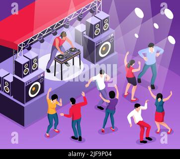 Isometric dj composition with view of dancefloor with disk jockey playing set on stage with dancers vector illustration Stock Vector