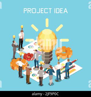 Project management isometric composition with text and polygonal icon of lamp with graphs charts and people vector illustration Stock Vector