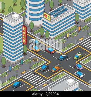 Coloring pages modern city composition with bird eye view of town block with buildings and roads vector illustration Stock Vector
