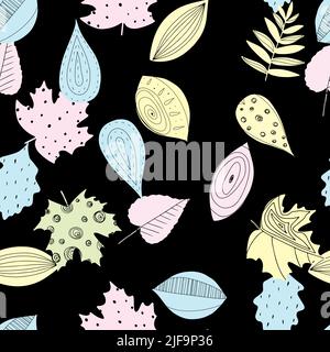 Fall leaf vector illustration. Seamless pattern. Hand drawn colorful design. Isolated graphic symbols. Autumn art sign. Nature abstract concept. Organic line elements Stock Vector