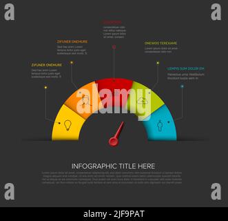 Vector multipurpose Infographic indicator meter template with five elements, description, numbers, icons and needle pointer. Simple dark infograph tem Stock Vector