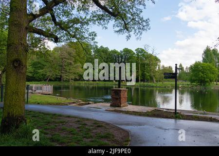 Boultham Park, Lincoln, Originally the park for the Boultham Hall, opened as a public park for the people of Lincoln, Park beacon, Beacon beside lake. Stock Photo