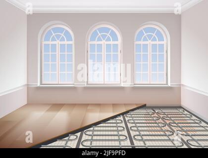 Floor heating realistic composition with view of room with windows and metal tubes under floor surface vector illustration Stock Vector