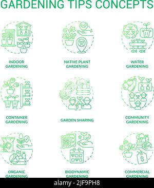 Gardening tips green gradient concept icons set Stock Vector