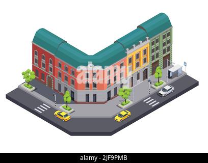 Suburban city buildings isometric composition with view of town street with cars and apartment houses row vector illustration Stock Vector